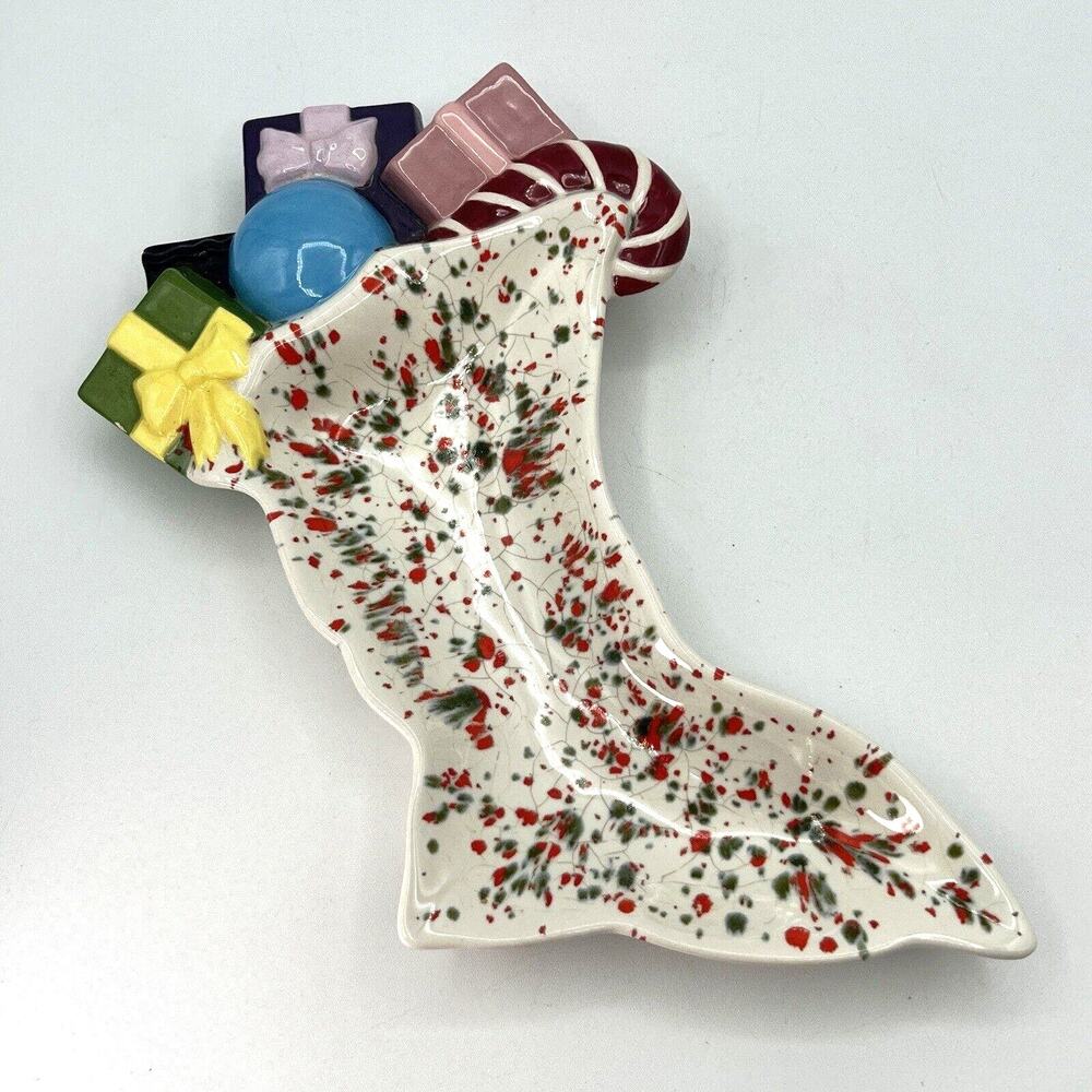 Vintage Christmas Drip Glaze  Stocking  Ceramic Dish Tray Candy 70s MCM 11"